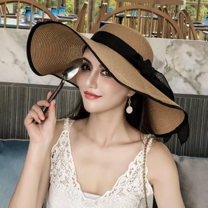 Straw hat women's summer sun protection extra large brim sun hat beach seaside vacation sun hat foldable hat tide