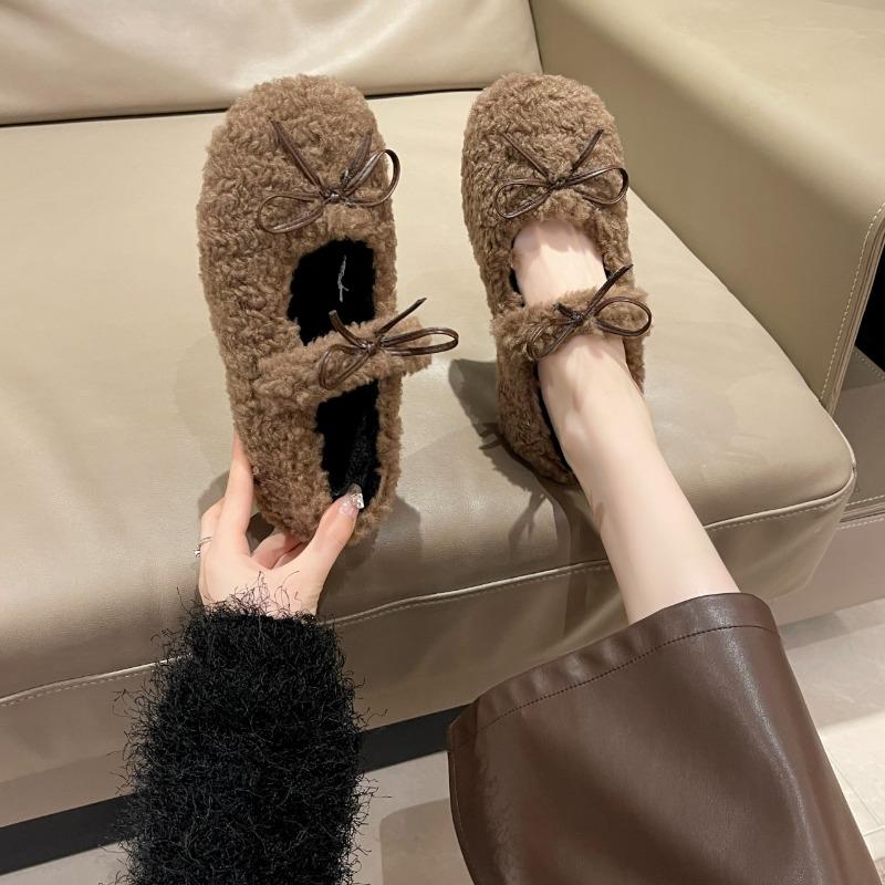 Fashion New Flat Shoes in Autumn Fashion Round Toe Shallow Mouth Bow One Strap Soft Sole Anti-slip Wear-resistant Cotton Shoes