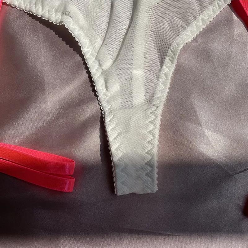 TERMEZY Sexy Lace Lingerie French Thin Transparent Underwear Female Embroidery Brassiere 3-Piece Exotic Bra and Garter Thong Set