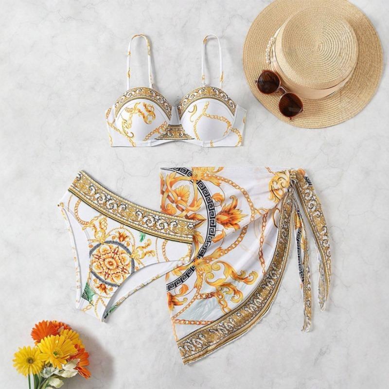 Women's Luxury Baroque Chain Print Bikini Set with Cover Up 3 Piece Swimwear