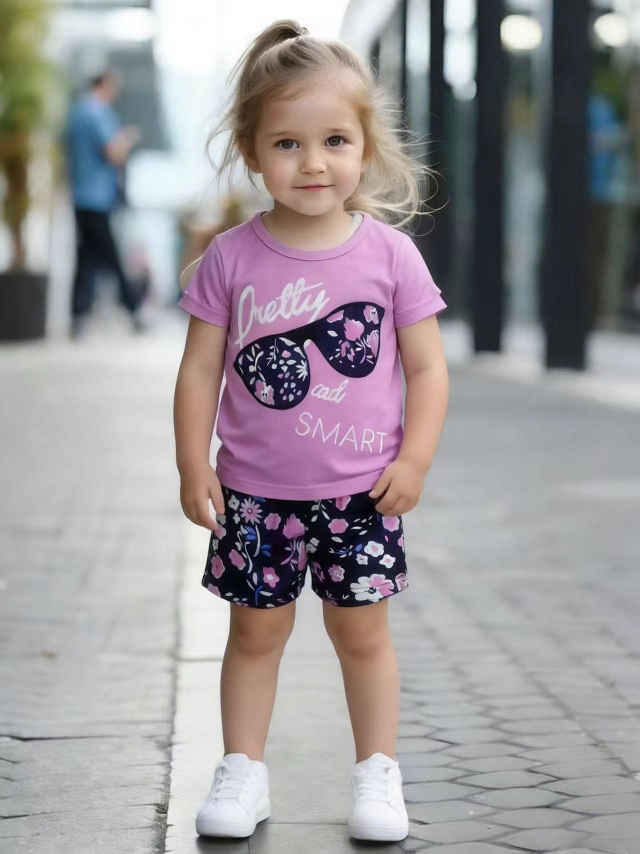 

Toddler Girls Pretty Floral Sunglasses Print 2-Piece Outfit, Summer Casual Clothes for Kids, Perfect for Playwear & Outdoor 1-2Y фиолетовый