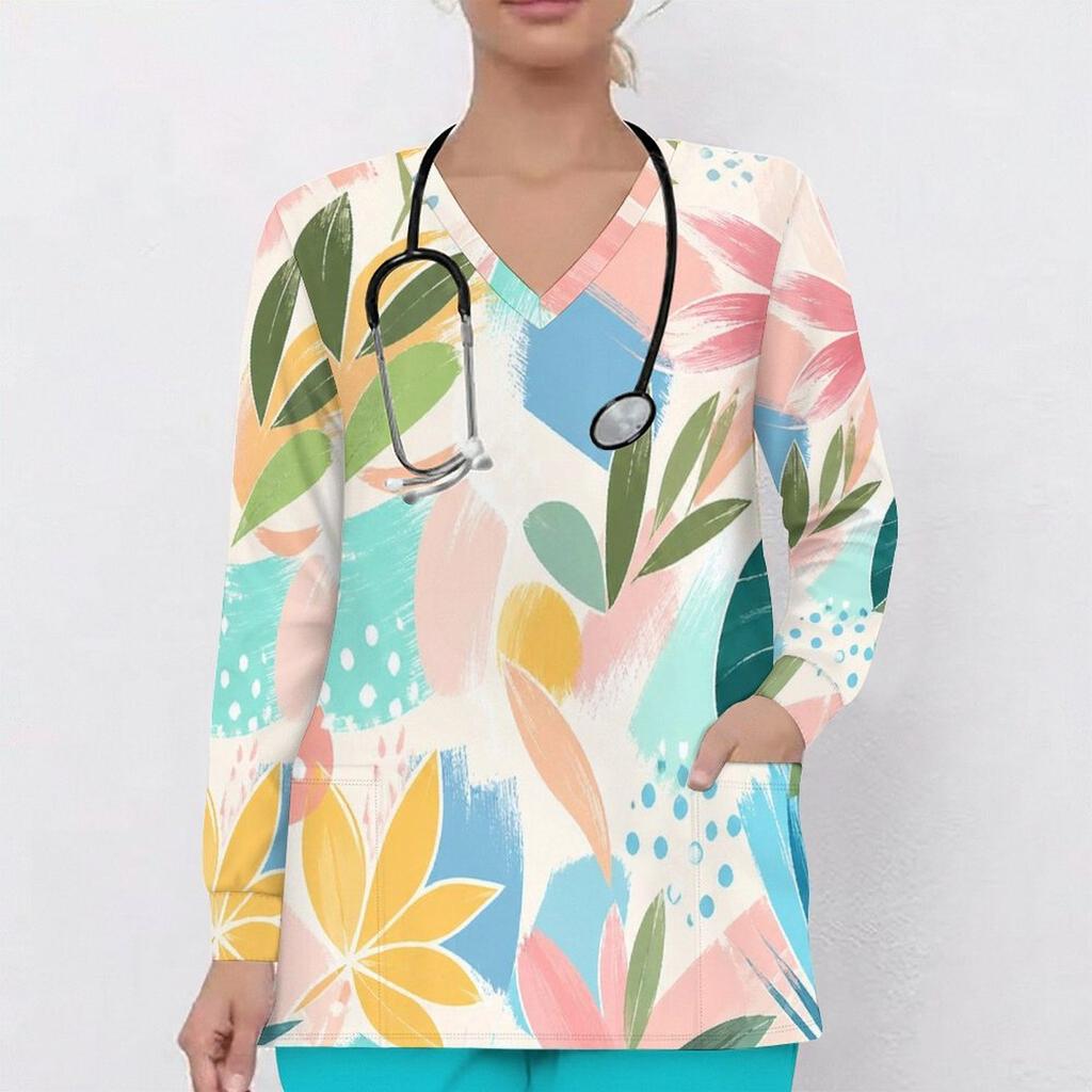 Women Plus Size Multicolor Printed V Neck Long Sleeve Scrub Top With Front Pockets