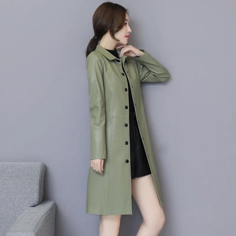 Podzimní a zimní dámský středně dlouhý úzký trenčkot z pravé kůže a zesílený bavlnou