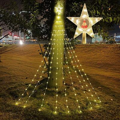 LED Solar Santa Pentagram Waterfall String Lights - Copper Wire Star Fairy Lights for Christmas Tree & Courtyard Decorations