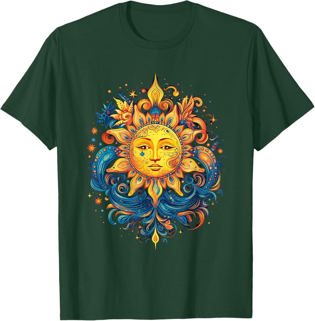 Mystical Sun Face Graphic Tee Men Casual Cotton Round Neck Vintage Aesthetic Print T-Shirt