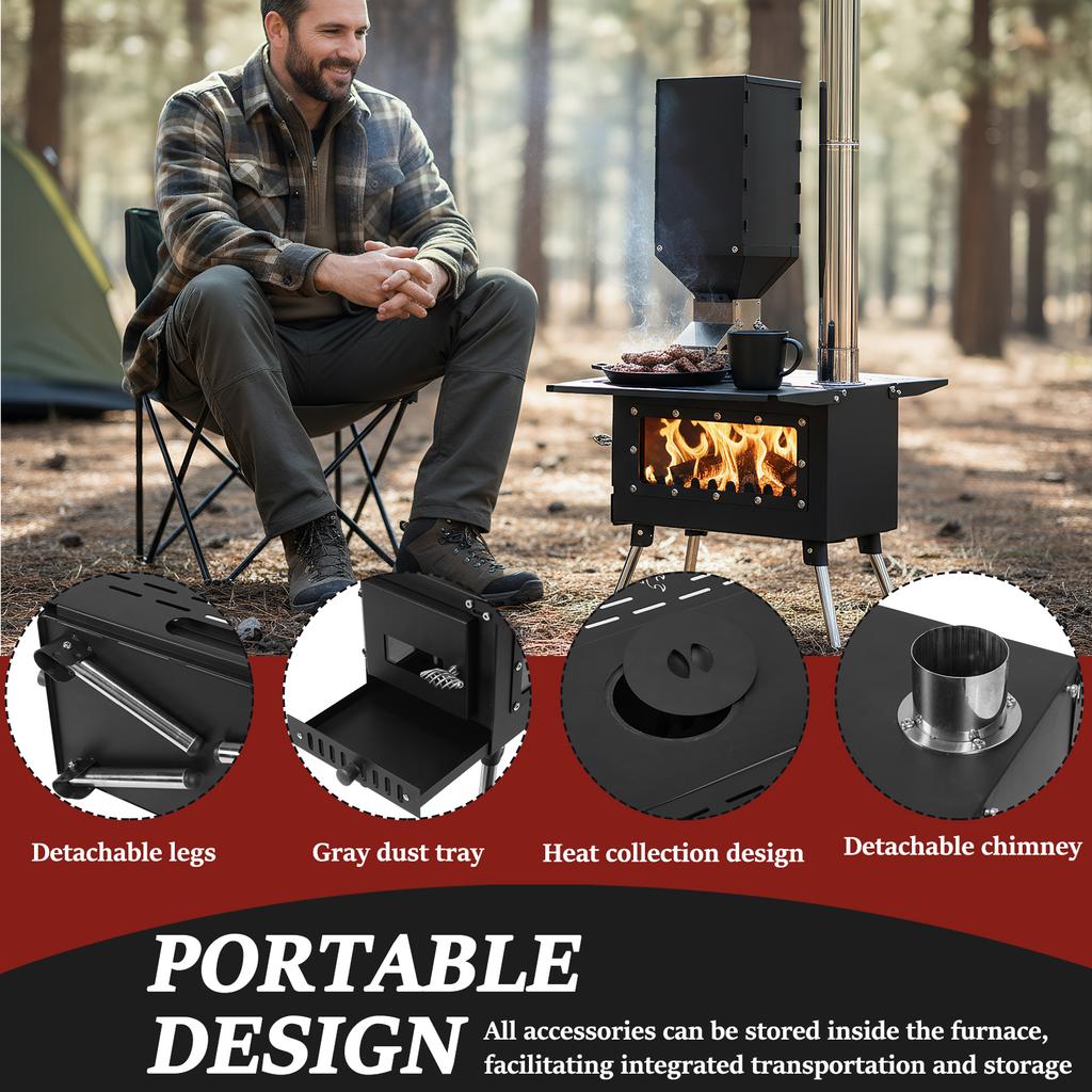 Portable Wood Burning Stove with Stainless Steel Construction Small Wood Stove Chimney Pipes Included for Outdoor Cooking Hiking