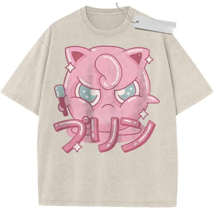 T Shirt Sports T Shirt Short Sleeve T Shirt Rose Red Unisex Pure Cotton Washed Vintage Pokemon Jigglypuff Anime Print M
