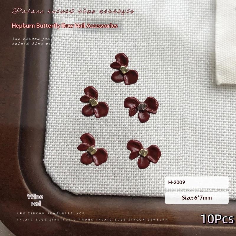 10Pcs Bowknot Nail Charms Metal Wine Red Black White Nail Rhinestone High Quality Stereoscopic Nail Decoration