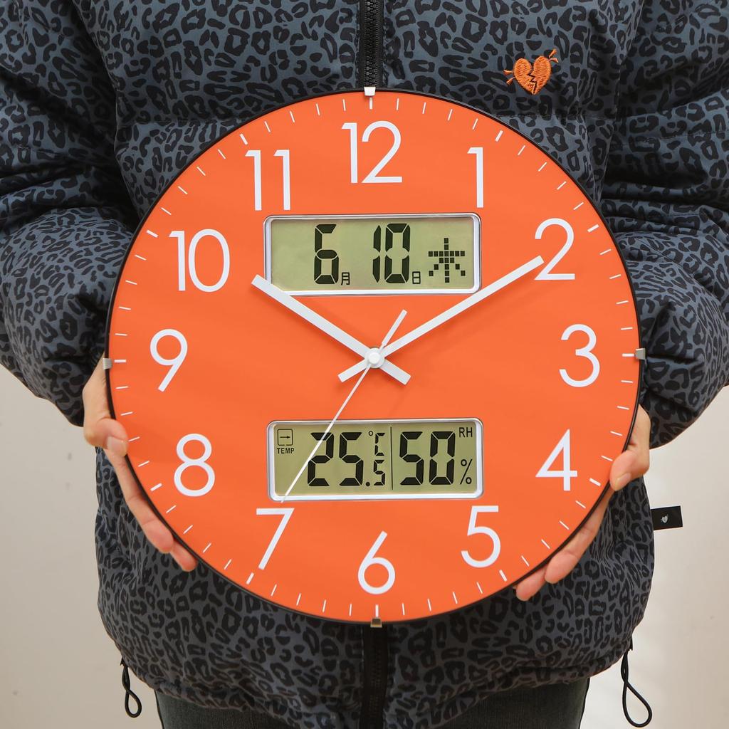 Nástěnné hodiny Nbdeal Teplota Vlhkost Zobrazení Data Dne v týdnu Plynulá sekundová ručička Tichý chod Průměr 33,5 cm Analogové Sférické sklo SY-8791 Oranžové