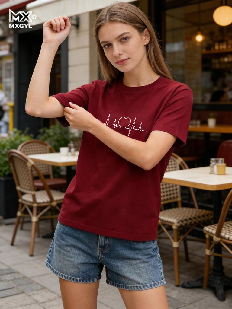 New Style Women's Love Letters Simple Trend Cute Fashion Round Neck T-shirt Short Sleeve Blouse Tops Vintage Graphic Clothes