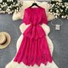 Celebrity Retro Short-sleeved Dress Women's Summer Hollow Crochet Waist Design Light and Familiar Imperial Sister Temperament Medium and Long Dress