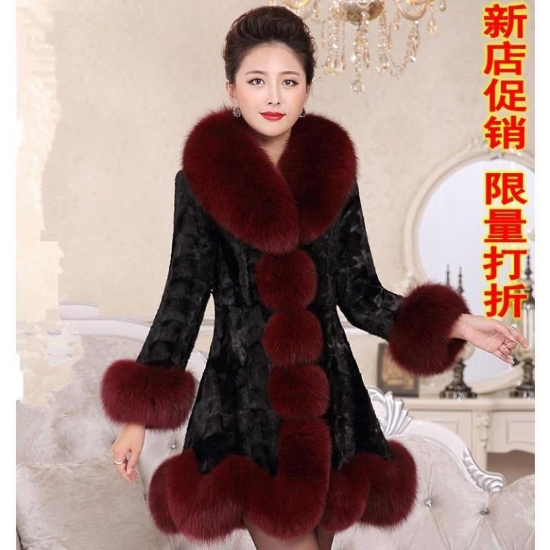 New Imitation Mink Coat Fur Coat Medium and Long Imitation Fox Fur Collar Women Winter Thickened Medium