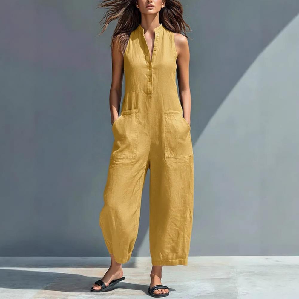 Tuta estiva da donna in cotone e lino senza maniche con bottoni, colletto alla coreana, vestibilità ampia, pezzo unico, tute con pantaloni lunghi a gamba larga, salopette con tasche
