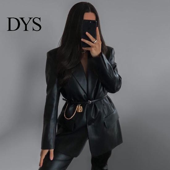 Simple Faux Leather Jacket Women Medium Length Suit Coat Solid Color Lapel Autumn Spring Single-Breasted for Daily Work Parties Dates Single-breasted