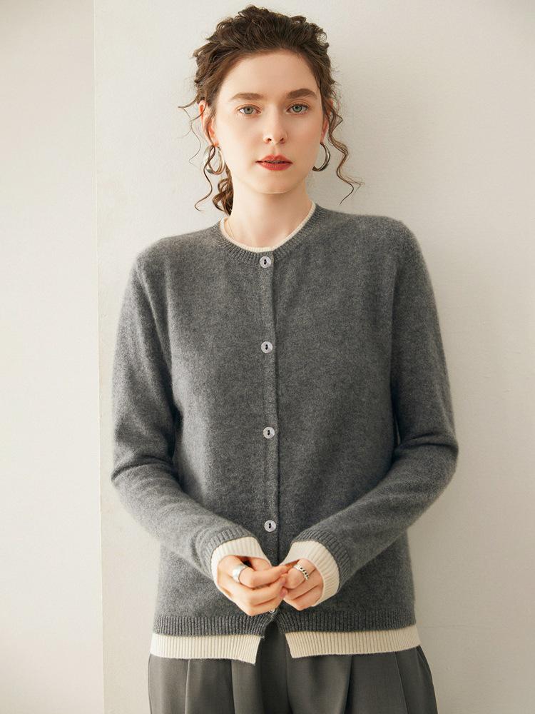 Trending Cashmere Sweater: Two-Piece Color Block, Soft Knit Round Neck, Women's Cardigan