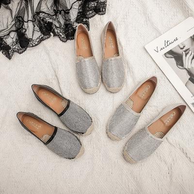 Fashion Espadrilles Crystal Rivets Slip On Loafers Women Hemp Knitted Cover Toe Shallow Moccasins Sewing Gold/silver Straw Flats Shoes