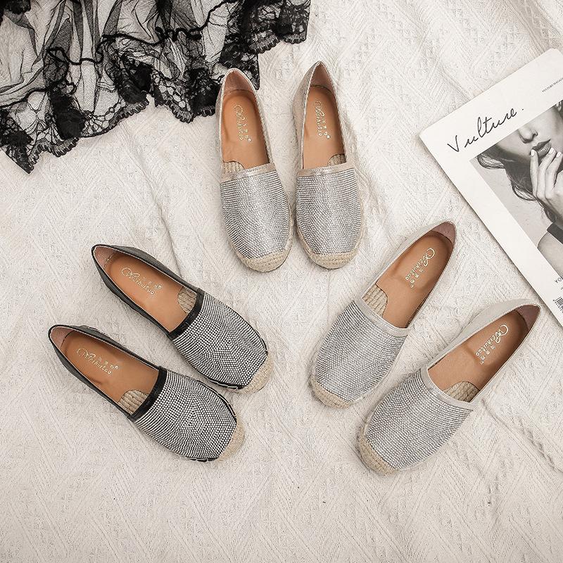 Fashion Espadrilles crystal rivets slip on loafers women hemp knitted cover toe shallow moccasins sewing gold/silver straw flats shoes