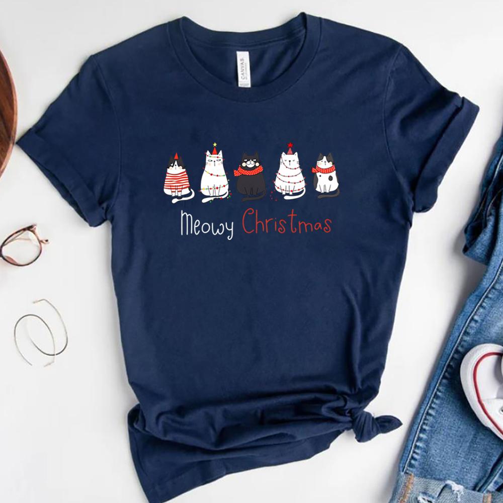 

Meowy Christmas Shirt Christmas Cat TShirt Merry Christmas Cat Lover Tees Cute Cat Graphic Tee Christmas Gift for Cat Mom Tops 4XL