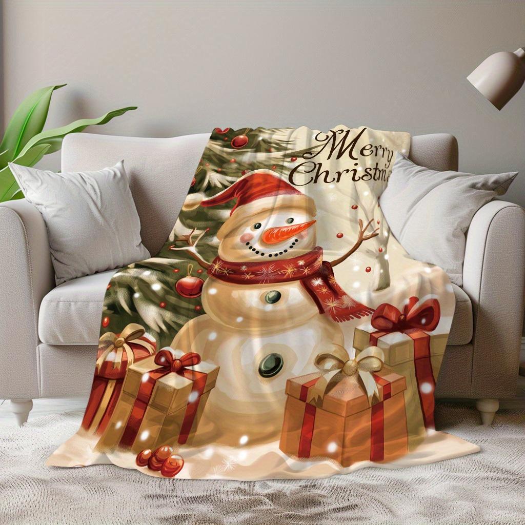 1pc Christmas Snowmen Trees Presents Print Blanket - Soft Warm Flannel All-Season Cozy Throw for Home Decor, Camping, Travel