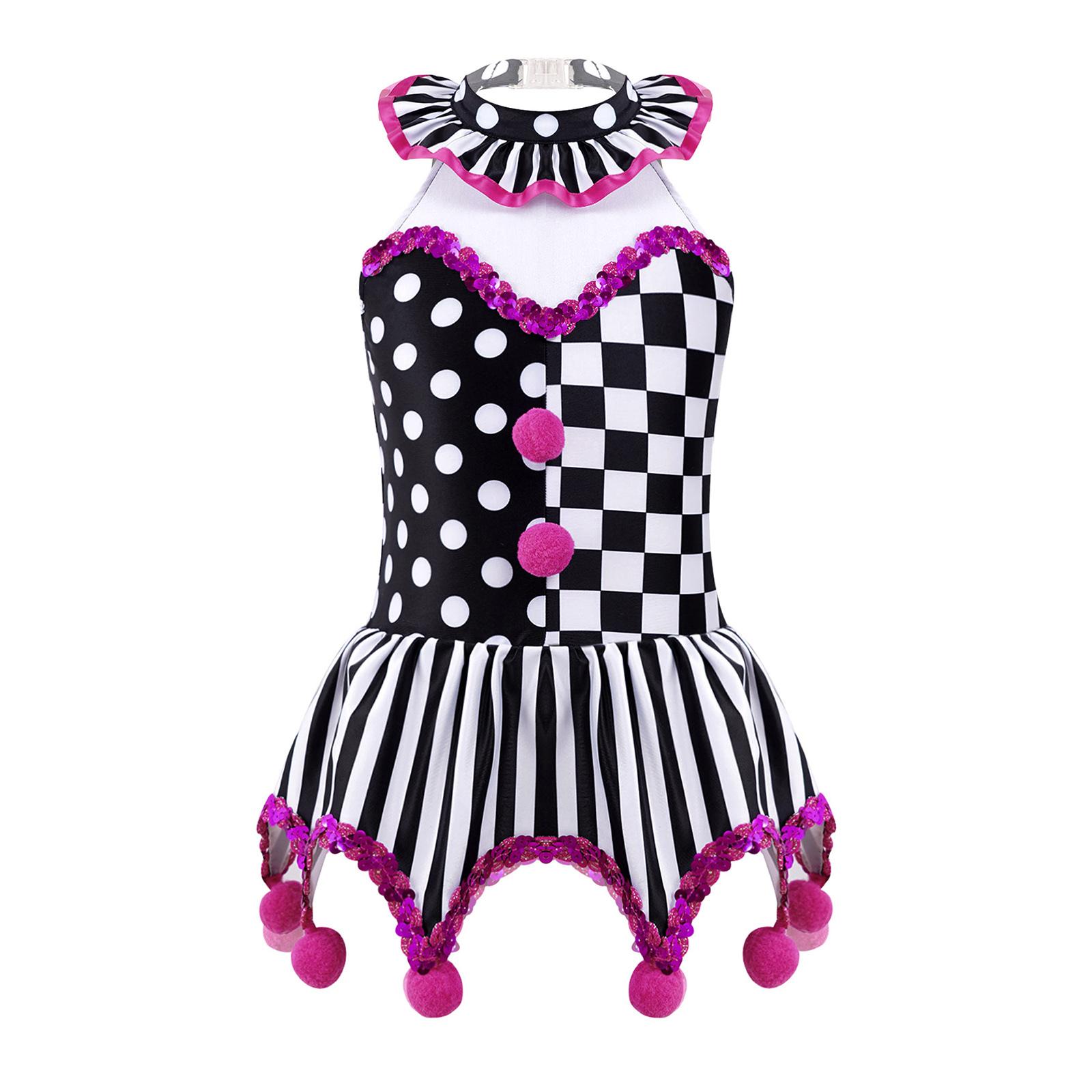 

Girls Circus Clown Costume Halter Neck Sleeveless Plaid Polka Dots Stripes Print Sequins Pompoms Dress 3-4 Years чорний/Яскраво-рожевий