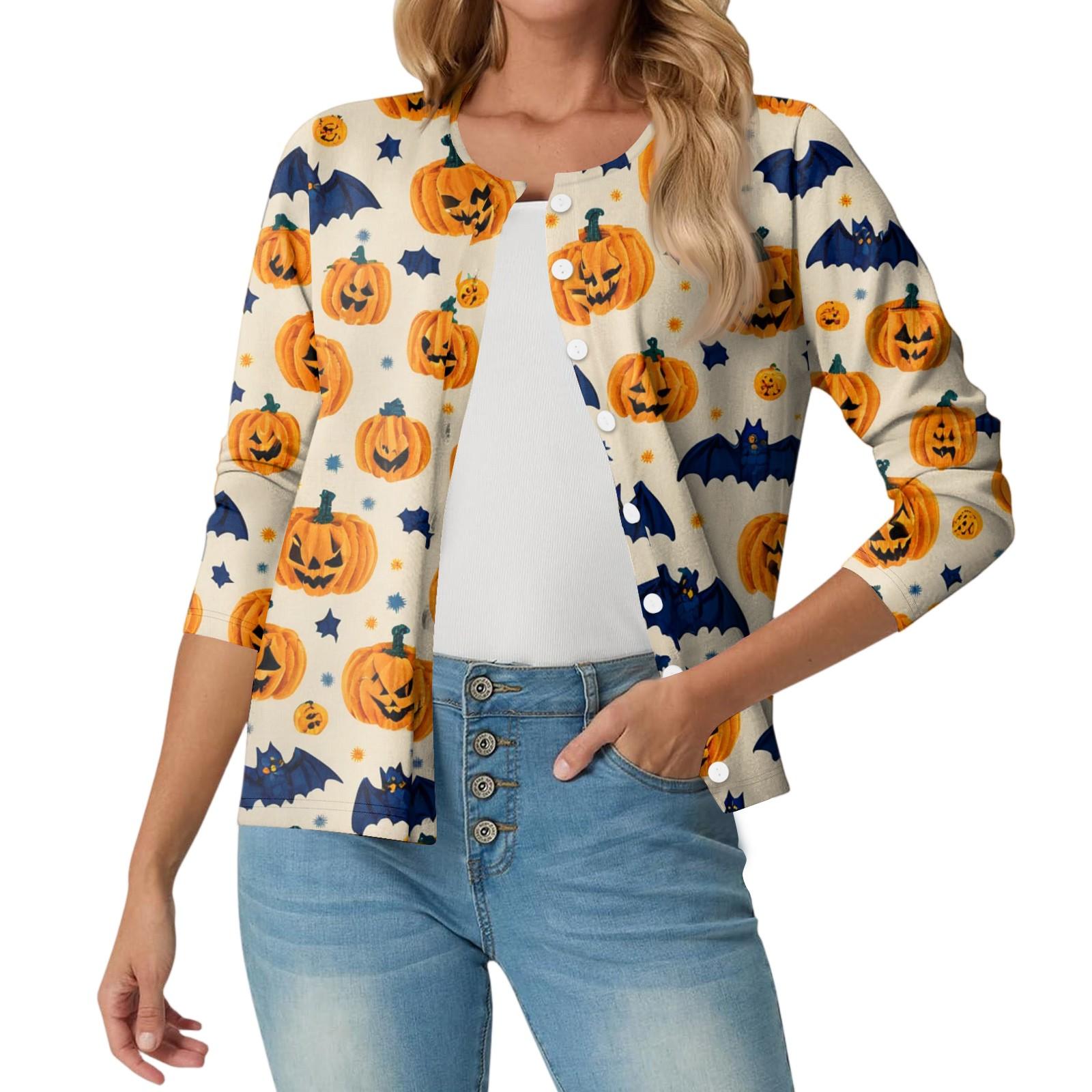 

Женский модный, повседневный, удобный кардиган-жакет с принтом на Хэллоуин XL шафрановый