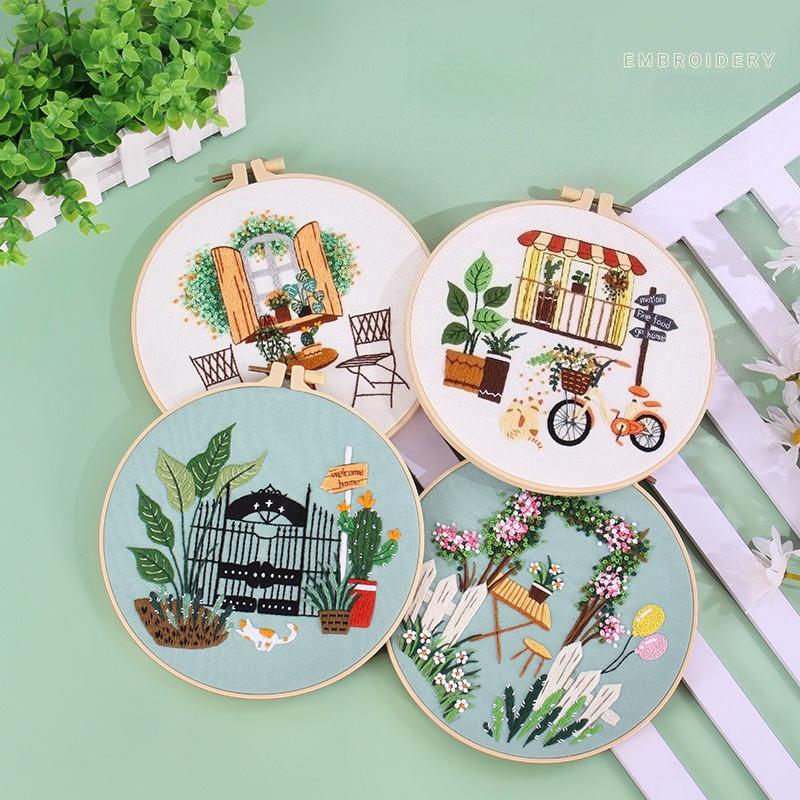 1Pc Quiet Time Home Living Green Plant Coffee Table DIY Embroidery Needlework Bamboo Embroidery Frame English Kit