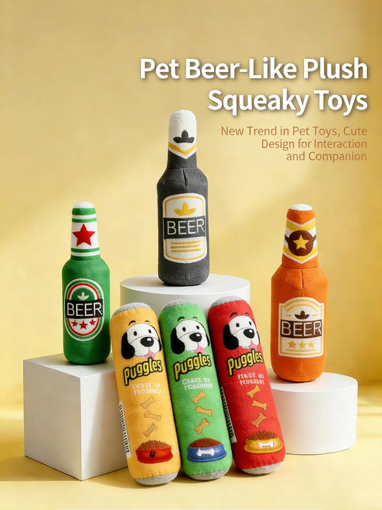 Peluche a forma di bottiglia di birra per cane Giocattolo sonoro BB Squeaky Giocattolo per animali domestici imbottito Resistente ai morsi Pulizia dei denti Molare Allevia la noia Interattivo
