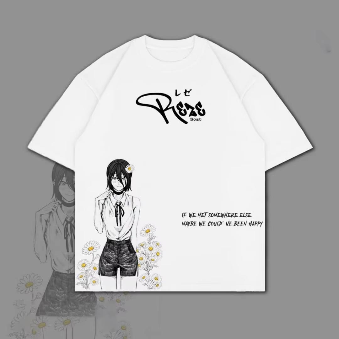 2026 Anime Chainsaw Man Oversized Reze Print with Lettering & Daisy Patterns, Unisex Casual Street Style T-Shirt 4XL