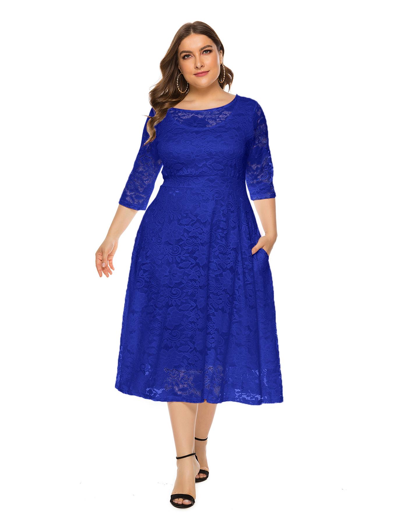 

8XL Большой размер Европейское и американское женское вечернее и платье подружки невесты с карманами и кружевом SQ134 6XL ярко-синий