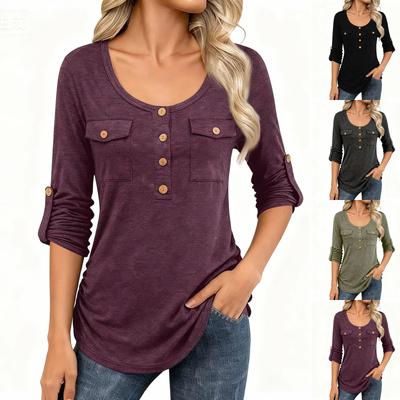 Women's Fashionable Casual Color Round Neck Long Sleeve Button Pocket Top