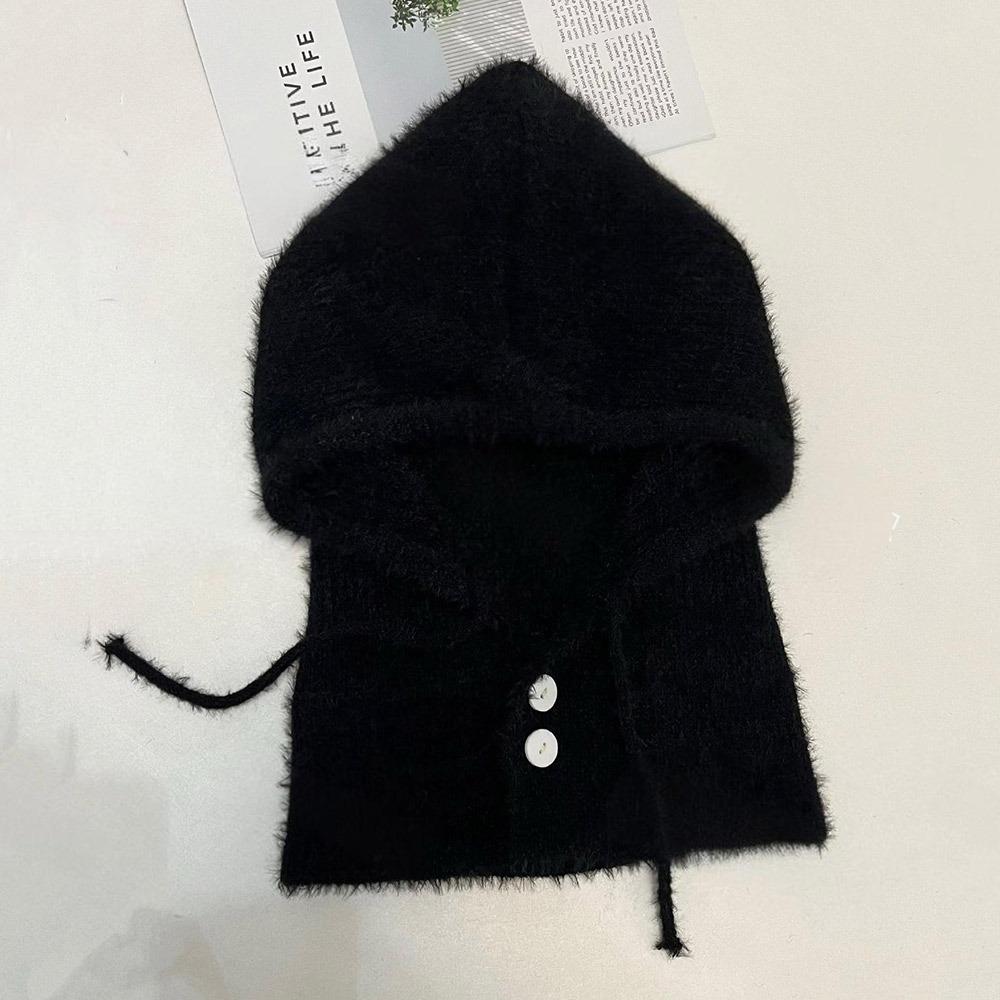 Solid Color Women  Balaclava Hat and Scarf Integrated Windproof Cap Knitted Pullover Hat  Outdoor