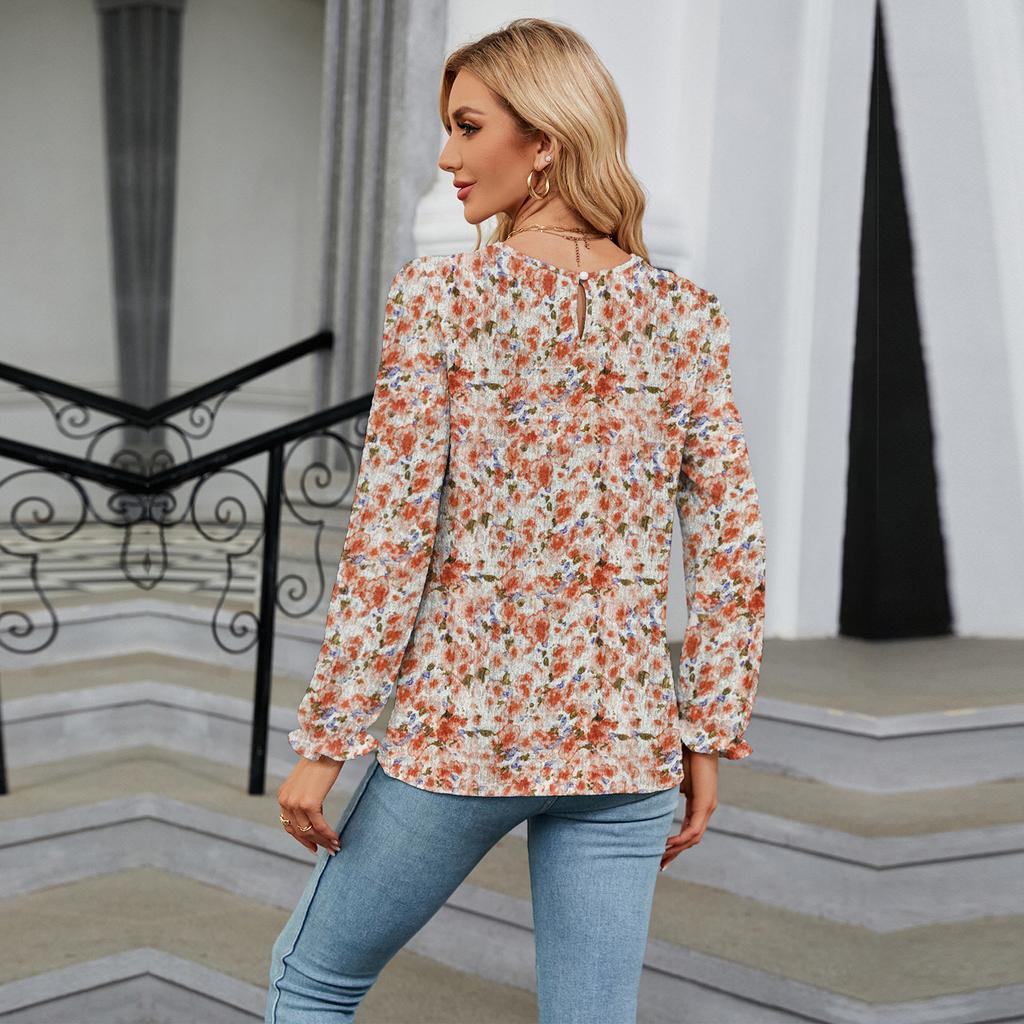GMXIA Women's Fashion Autumn Winter Casual Solid Color Print Long Sleeve O Neck Blouses & Shirts