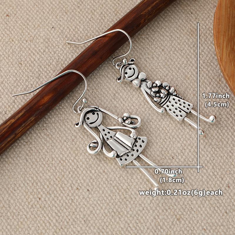 Vintage Silver Color Metal Geometry Carving Small Person Pattern Dangle Earrings for Women Jewelry