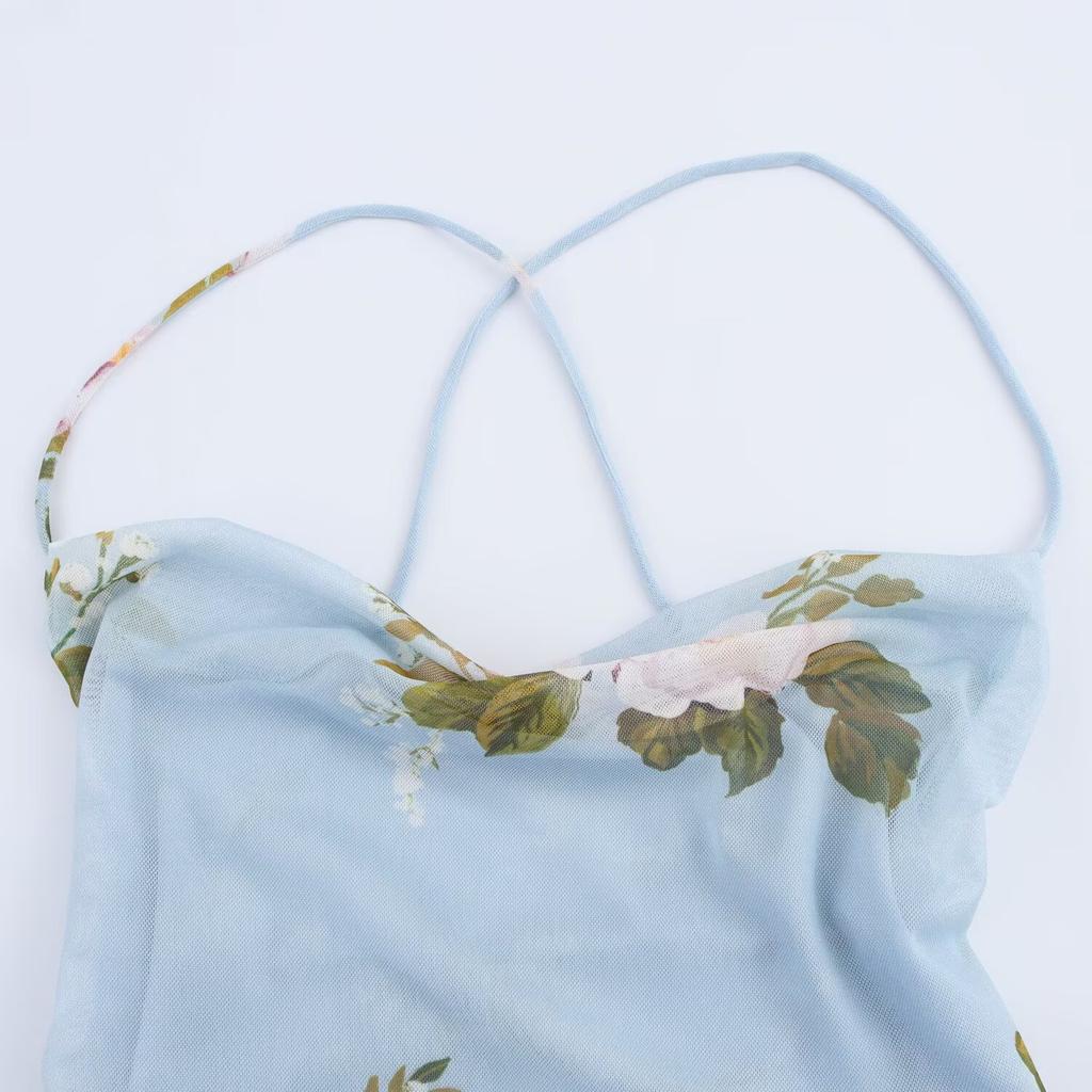 Autumn European and American Women's Clothing Silk Mesh Irregular Printing Suspender Dress