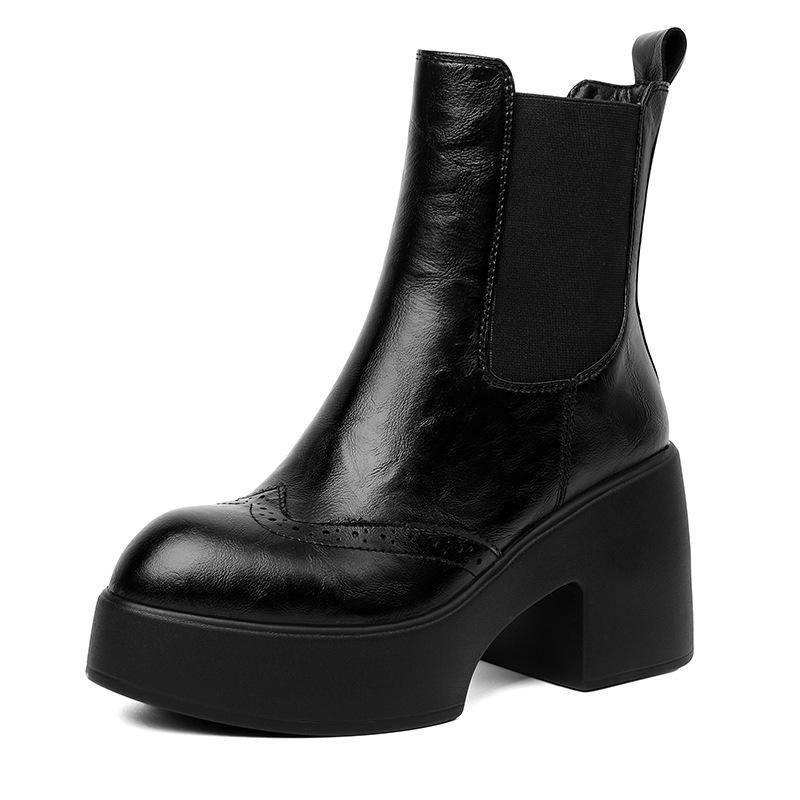 Muffin Sole Thick Heel Leather Martin Boots 2025 Autumn and Winter New Hand-scratched Brown Waterproof Table High Heel Chelsea Boots