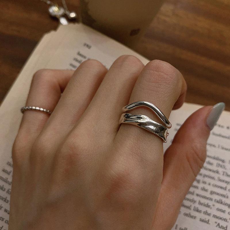 Vintage Korean Style S925 Silver Geometric Irregular Open Ring with Stackable Round Beads for Women