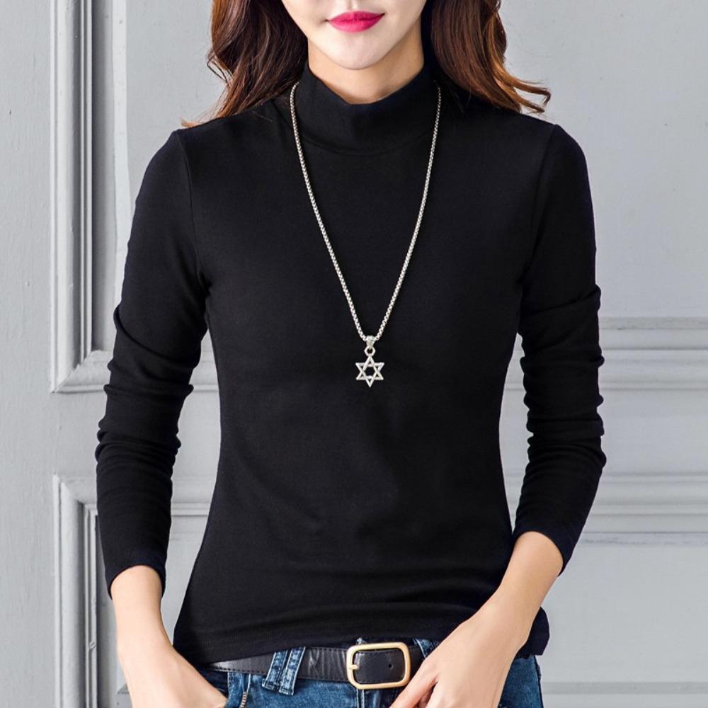 Women's Mock Neck Long Sleeve Thermal Top Slim Fit Thick Double Sided Fleece Polyester High Stretch Solid Color Korean Warm Winter Layering T Shirt