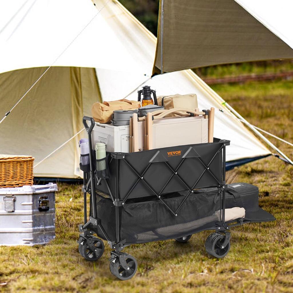 Foldable Double Decker Wagon, 400L Collapsible Wagon Cart with All-Terrain Wheels, Heavy Duty Folding Wagon Cart 350 lbs Weight Capacity for Camping,