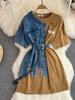 Elegant sommer Dame Patchwork dongeriskjorter Vintage Casual Slanke bluser Topper med belte Kvinnelig Mote Pullover Klær Nyhet