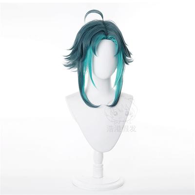 Professional  Game Genshin Impact Xiao Cosplay Wig Mixed Dark Green Blue Short Heat Resistant Synthetic Hair Role Play Wigs +WigCap + Frontlet