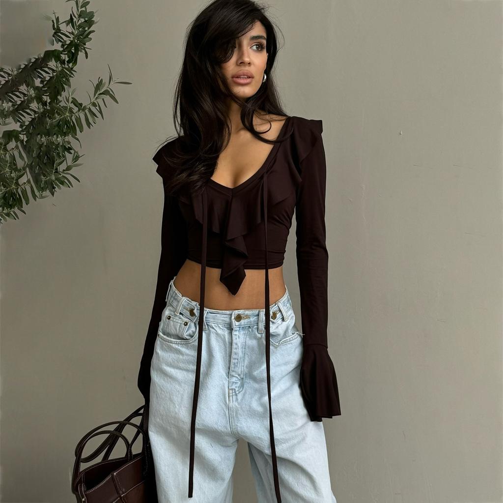 2025 Autumn New Collection, Solid Color, Ruffle Edge, Knitted Shirt, Women's Wear, Short Style, Sexy and Spicy Girl, Fashionable V-neck Top