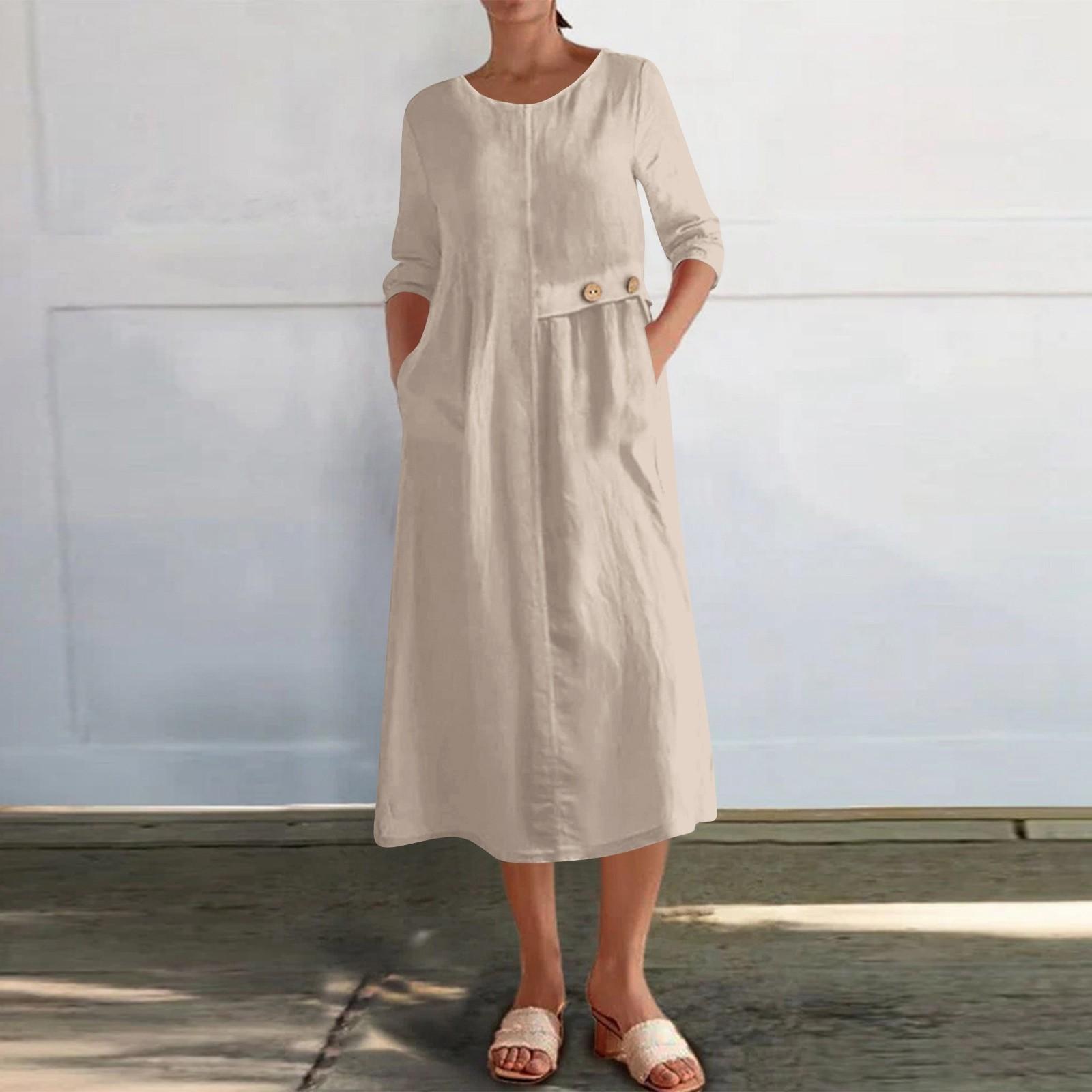 

Women s Fashionable Solid Color Round Neck 3/4 Sleeved Casual Button Pocket Cotton And Linen Dress L хакі