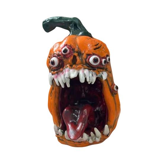 Decorative Pumpkin Statues Halloween Evil Figurine, Ornament with Multi Eyes and Shape Fangs, Demon Resin Statue for Party Decoration Desktop