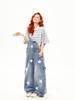 Women's American Retro Star Print Wide-Leg Denim Overalls: Casual and Versatile Loose-Fit Trend.