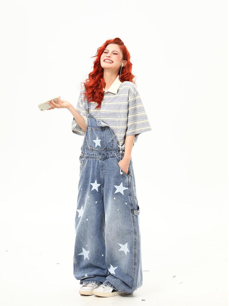 Women's American Retro Star Print Wide-Leg Denim Overalls: Casual and Versatile Loose-Fit Trend.