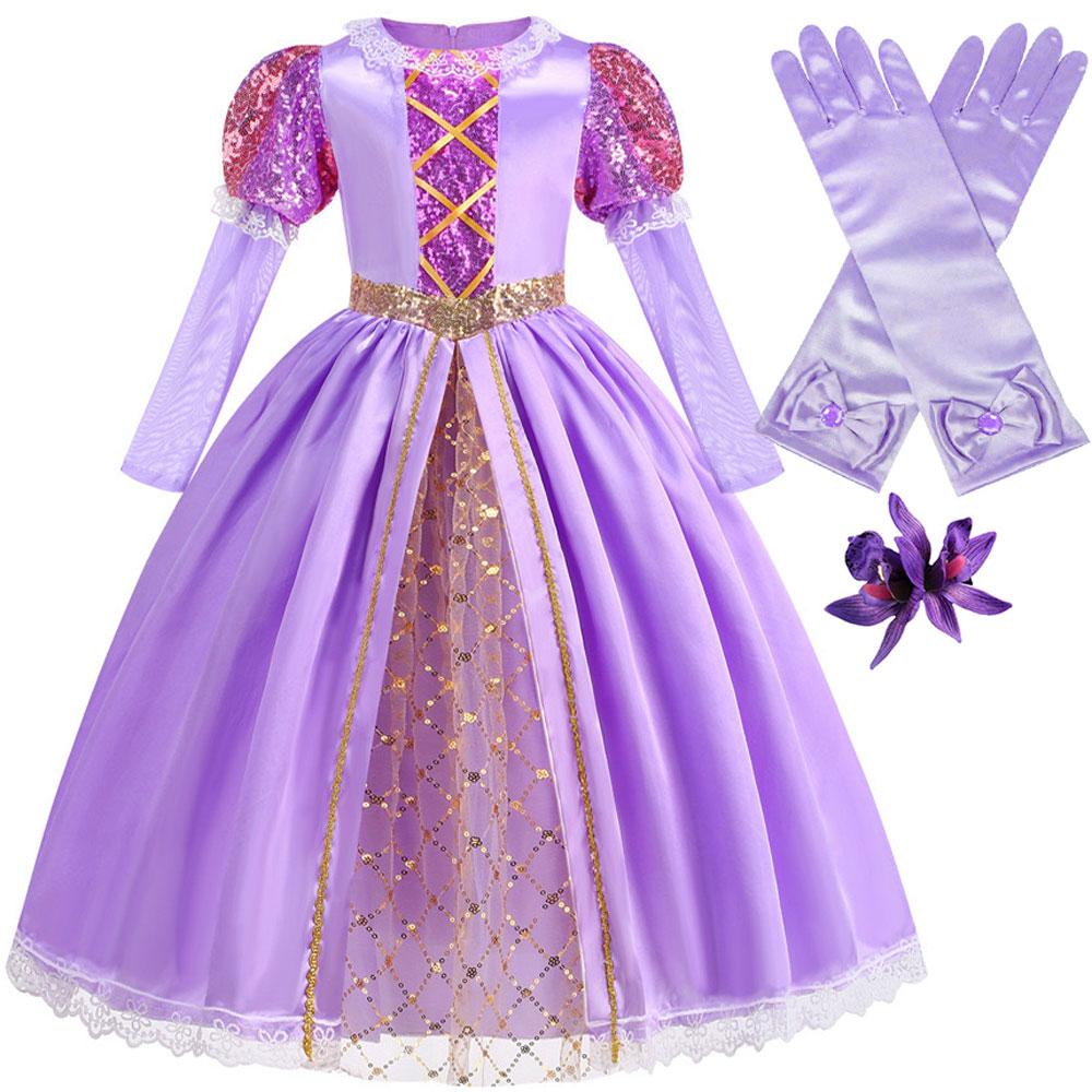 Rapunzel Korte Mouwen Paarse Pofmouw Jurk + Accessoires Meisjes Cosplay Rapunzel Zomer Casual Jurk Verjaardagsfeest Cadeau 3Y(110CM) pink