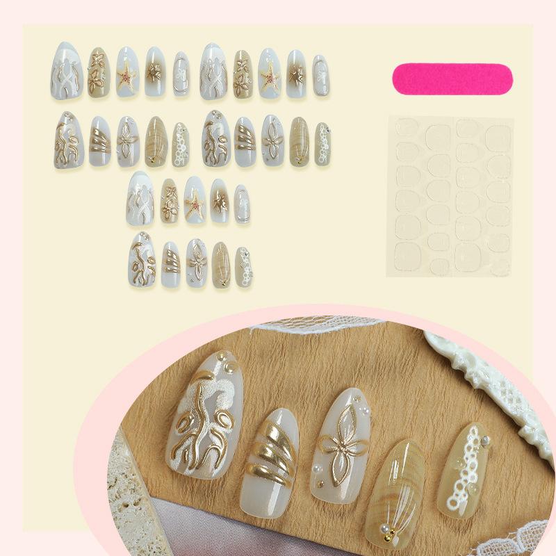 3D Starfish & Mermaid Pearl Press On Nails, Ocean Theme Almond Shape Fake Nails, Handmade Beach Style Nail Art with Rhinestones, Reusable Full Set
