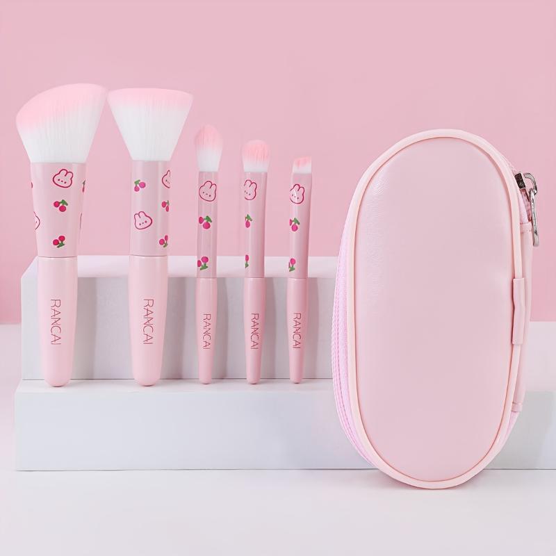 5Pcs Cute Compact Makeup Brush Set With Case Premium Brush For Flawless Foundation, Blush, Eyeshadow Application Beauty Tools