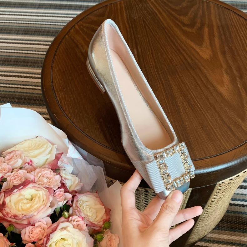 Sheepskin Version~ Classic Temperament Square Buckle Rhinestone Commuting Versatile Single Shoes Women's Autumn Leather Mary Jane Flats Ladyshoes