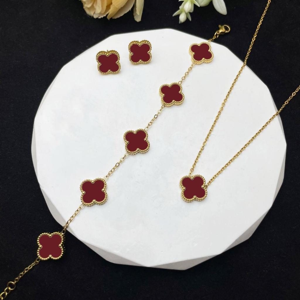 Set din trei piese colier, brățară și cercei trifoi cu patru foi de 13 mm, din oțel titan, set de bijuterii cu două fețe